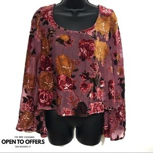 Tobi Crop Floral Crushed Velvet Bell Sleeve Blouse